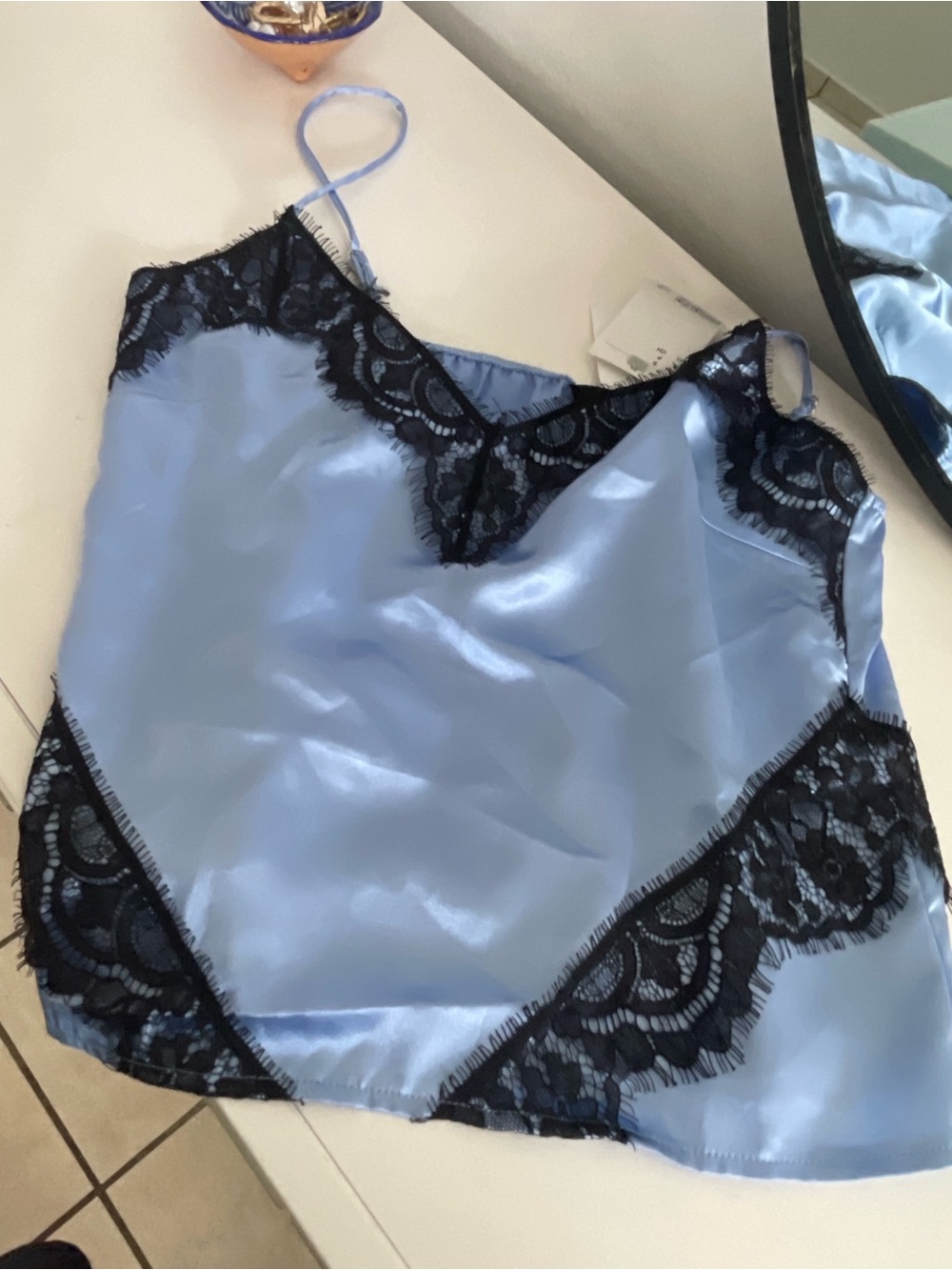 Divided Light Blue Satin Camisole with Black Lace Trim